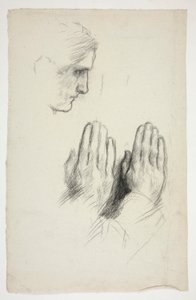 Bosquejo de un joven de perfil; boceto de dos juegos de manos en oración de Edwin Austin Abbey