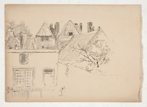 Bosquejo de un exterior: edificios y árbol de Edwin Austin Abbey