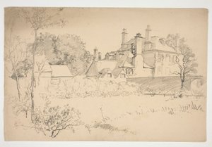 Boceto de un exterior: jardín, muro y gran casa victoriana de Edwin Austin Abbey