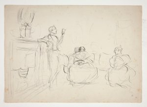 Bosquejo de un interior: hombre leyendo en voz alta, mujeres tejiendo - ilustración no identificada de Edwin Austin Abbey