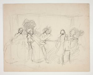 Bosquejo de figuras alrededor de una mesa - ilustración no identificada para una obra de teatro (?)