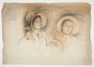 Boceto de dos mujeres jóvenes con gorros (niñeras no identificadas) de Edwin Austin Abbey