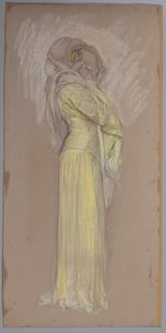 Estudio, Mujer de vestido amarillo con velo marrón sobre el rostro de Edwin Austin Abbey