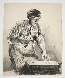 Estudio de un herrero, martillando hierro - ilustración no identificada de Edwin Austin Abbey