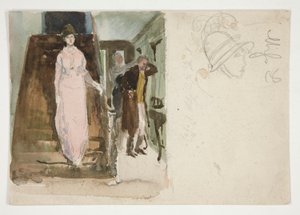 Estudio de un interior: pareja preparándose para salir por la noche. de Edwin Austin Abbey