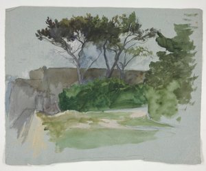 Estudio de paisaje con árboles y muro de piedra. de Edwin Austin Abbey