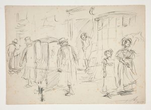 Estudio de escena callejera con silla de manos. de Edwin Austin Abbey