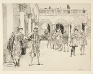 El Patio del Palacio, del Acto IV, Escena ii, Dos hidalgos de Verona de Edwin Austin Abbey