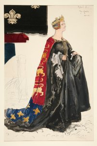 La reina (de negro), boceto de vestuario para Henry Irving de Edwin Austin Abbey