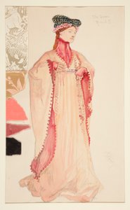 La reina (en rosa), boceto de vestuario para Henry Irving de Edwin Austin Abbey