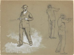 Tres bocetos de un hombre con una pistola (anverso); Estudios de figura y Retrato de A. S. Wina (?) (verso) de Edwin Austin Abbey