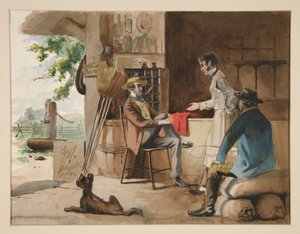 Tres hombres en una tienda de productos secos - tienda rural, Dolbyville de Edwin Austin Abbey