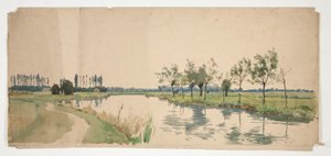 árboles que bordean la orilla de un río de Edwin Austin Abbey