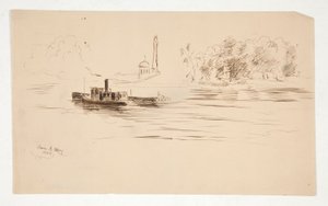 Remolcador empujando barcazas en el río de Edwin Austin Abbey