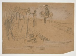Dos hombres y dos caballos en un paisaje - ilustración no identificada