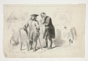 Dos hombres conversando en un interior - ilustración no identificada de Edwin Austin Abbey