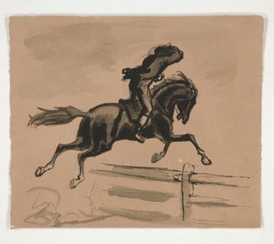 Ilustración no identificada de un jinete saltando una valla (anverso); Figura Estudio de un anciano (verso)