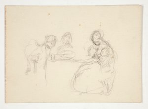 Ilustración no identificada- Estudio de figuras en una mesa. Hombre sentado al revés. de Edwin Austin Abbey