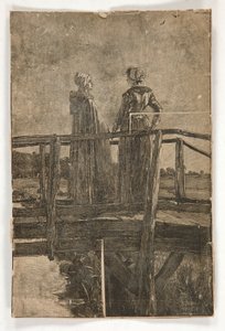 Grabado en madera sin título de E.A. Abadía (?) de dos damas en una pasarela de madera - ilustración para William Black de Edwin Austin Abbey