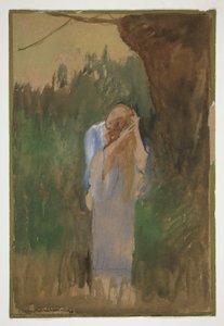 Mujer en paisaje, peinándose el pelo largo y rubio - (ilustración no identificada) de Edwin Austin Abbey