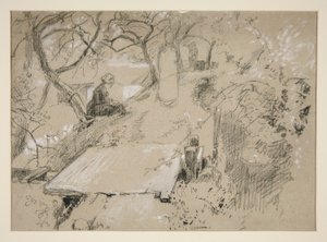Mujer sentada en un banco en un jardín o parque público - ilustración no identificada de Edwin Austin Abbey