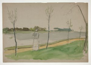 Mujer paseando por la orilla de un río de Edwin Austin Abbey