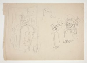 Mujer con niños y dibujos animados - ilustración no identificada de Edwin Austin Abbey