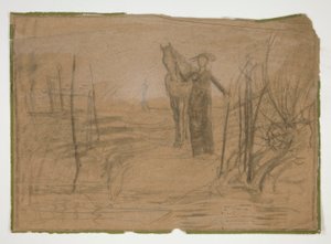 mujer, con, caballo, en, paisaje, -, no identificado, ilustración de Edwin Austin Abbey