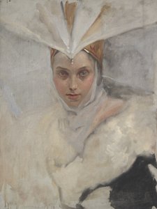 Mujer con Tocado de Águila Pescadora y Collar de Piel Blanca de Edwin Austin Abbey