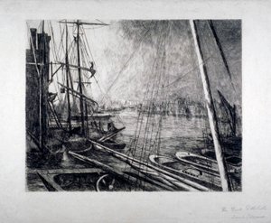 Piscina de Londres desde Rotherhithe, con barcos en primer plano, c. 1890 de Edwin Edwards