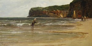 Vista costera con mujer pescando camarones, c.1900