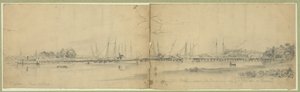 El ejército del Potomac cruzando el río James cerca de Fort Powhatan en pontones de Edwin Forbes