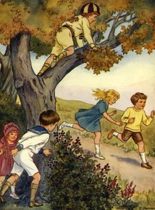 Niños escondiéndose en y detrás de un árbol