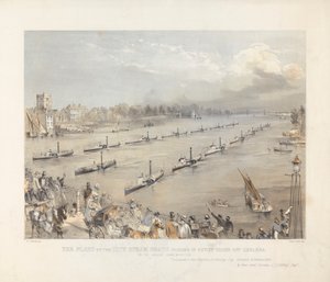 La flota de barcos de vapor de la ciudad pasando en orden de revista frente a Chalsea en la conmemoración anual de Londres
