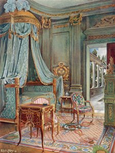 Cama tallada y dorada con dosel. Bureau-Toilette (o Petit Secretaire) en marquetería. Cartonnier en laca verde de Edwin John Foley