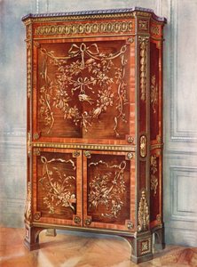 Secreter vertical con incrustaciones de Ormolu de sicomoro, tulipán, palo de rosa, acebo y otras maderas, naturales y teñidas