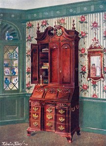Escritorio con Frente de Bloque y Tapa de Gabinete de Caoba. Espejo de Constitución Dorado de Edwin John Foley