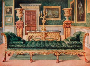 Conjunto georgiano de caoba y dorado en la galería y sala de dibujo verde del Castillo de Longford de Edwin John Foley