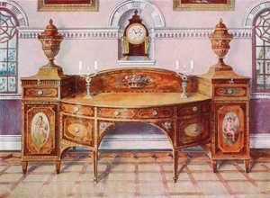 Aparador de madera satinada pintado e incrustado. Reloj de soporte de caoba de Edwin John Foley