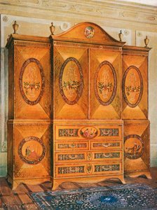 Armario de madera de satén, incrustado con madera de tulipán, harewood, acebo, ébano, caoba y otras maderas