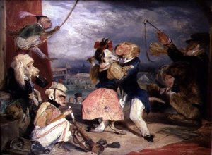 Feria del West End: Monos y perros actuando en un escenario de Edwin Landseer