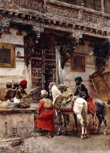 Artesano vendiendo estuches junto a un edificio de madera de teca, Ahmedabad, c.1885 de Edwin Lord Weeks