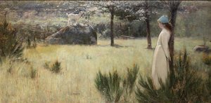 La joven pastora y su cabra en un pasto primaveral de Edwin Sherwood Calvert