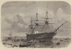 HMS Agamemnon, 91 cañones, embarcando la porción inglesa del cable submarino atlántico en East Greenwich