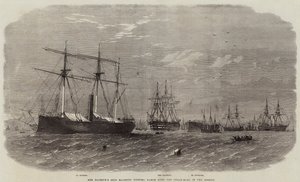 El barco de Su Majestad Majestic vigilando los arietes de vapor en el Mersey de Edwin Weedon
