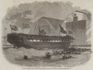 Lanzamiento de la fragata de vapor de tornillo de Su Majestad Bristol en el astillero de Woolwich