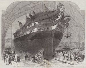 Lanzamiento del barco de guerra a vapor de tornillo de Su Majestad, James Watt (90 cañones), en el astillero real de Pembroke de Edwin Weedon