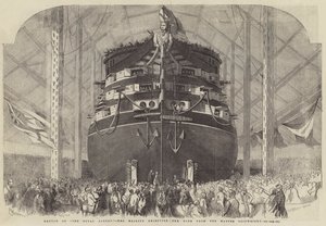 Lanzamiento del Royal Albert, Su Majestad recibiendo el vino del maestro carpintero naval de Edwin Weedon