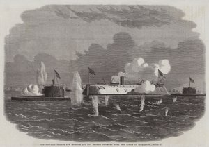 La fragata acorazada New Ironsides y dos baterías Ericsson entrando en acción en Charleston de Edwin Weedon
