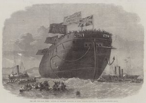 La nueva flota acorazada, lanzamiento en el astillero de Chatham del HMS Frigate Royal Oak, 50 cañones de Edwin Weedon